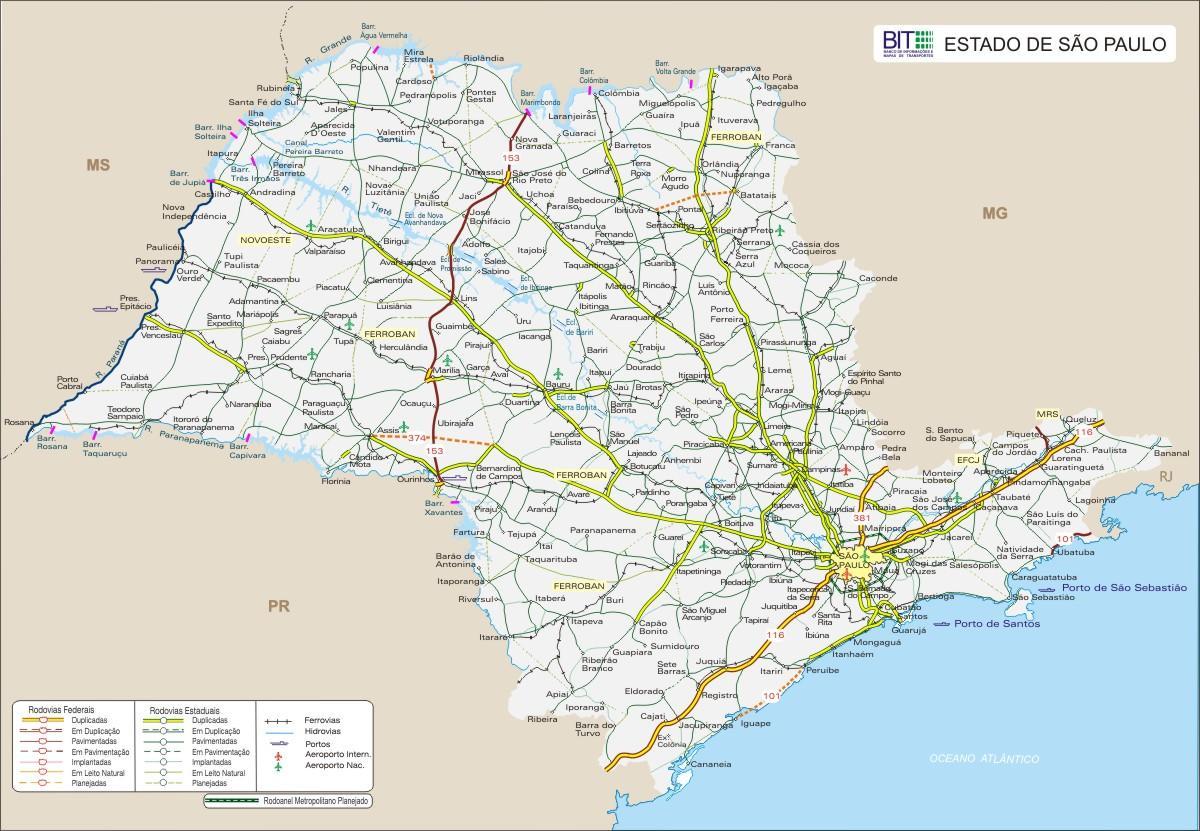 Kaart van de Staat São Paulo snelwegen