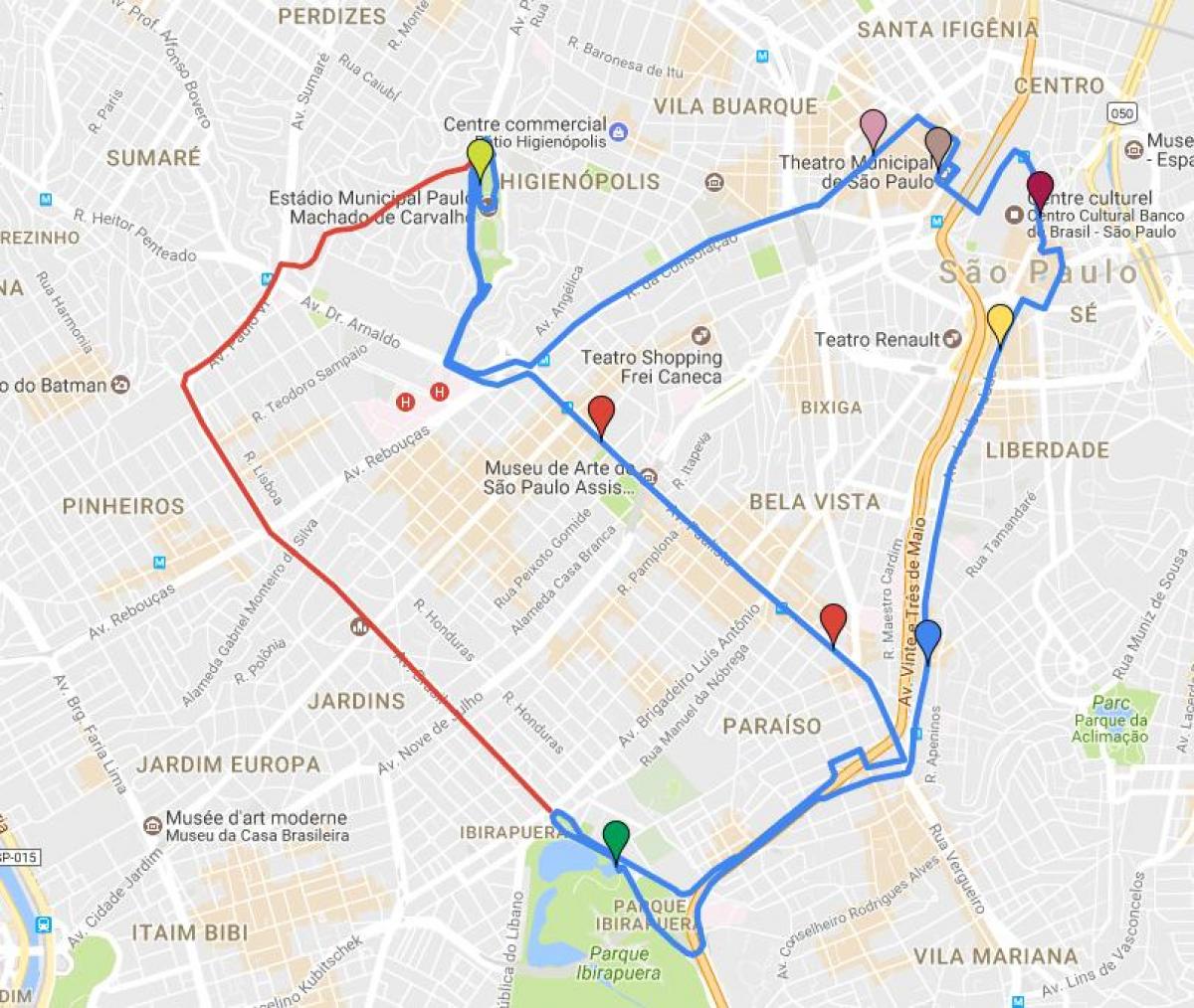 Kaart van de ronde turismo São Paulo - Lijnen