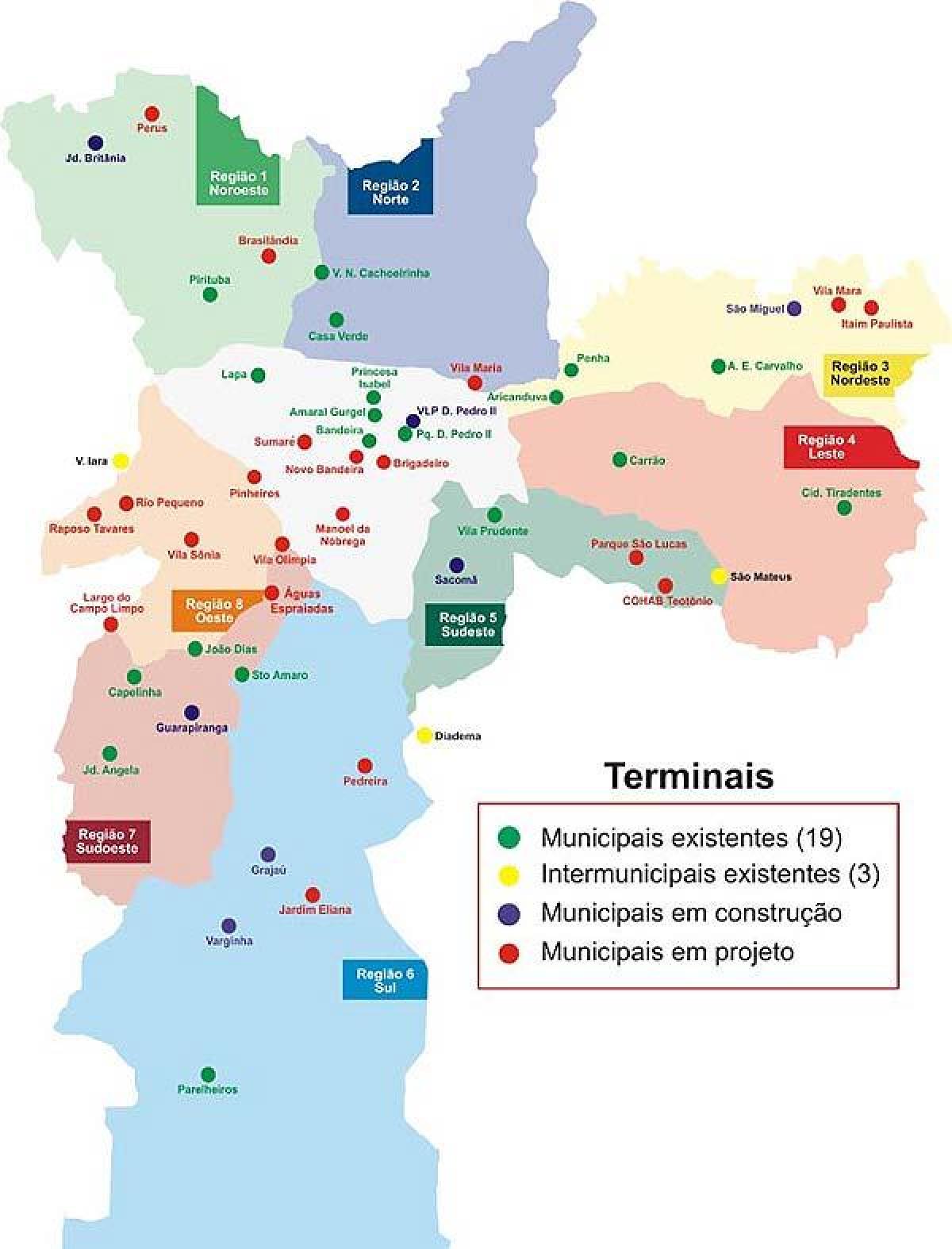 Kaart van de bus terminals van São Paulo