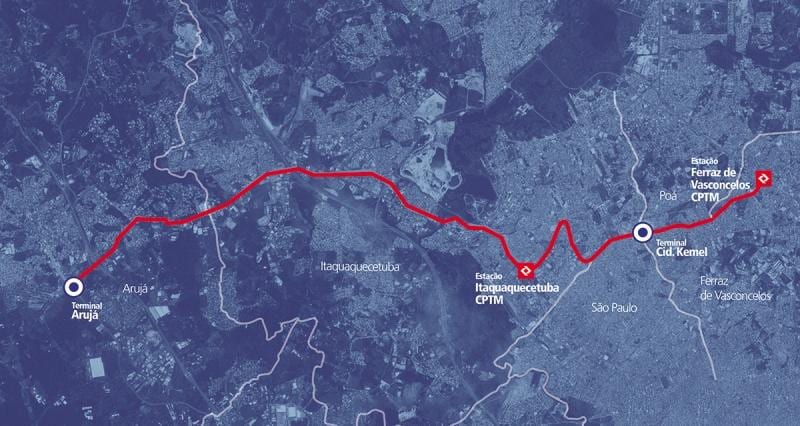 Kaart van corredor BRT metropolitano Perimetral Alto Tietê