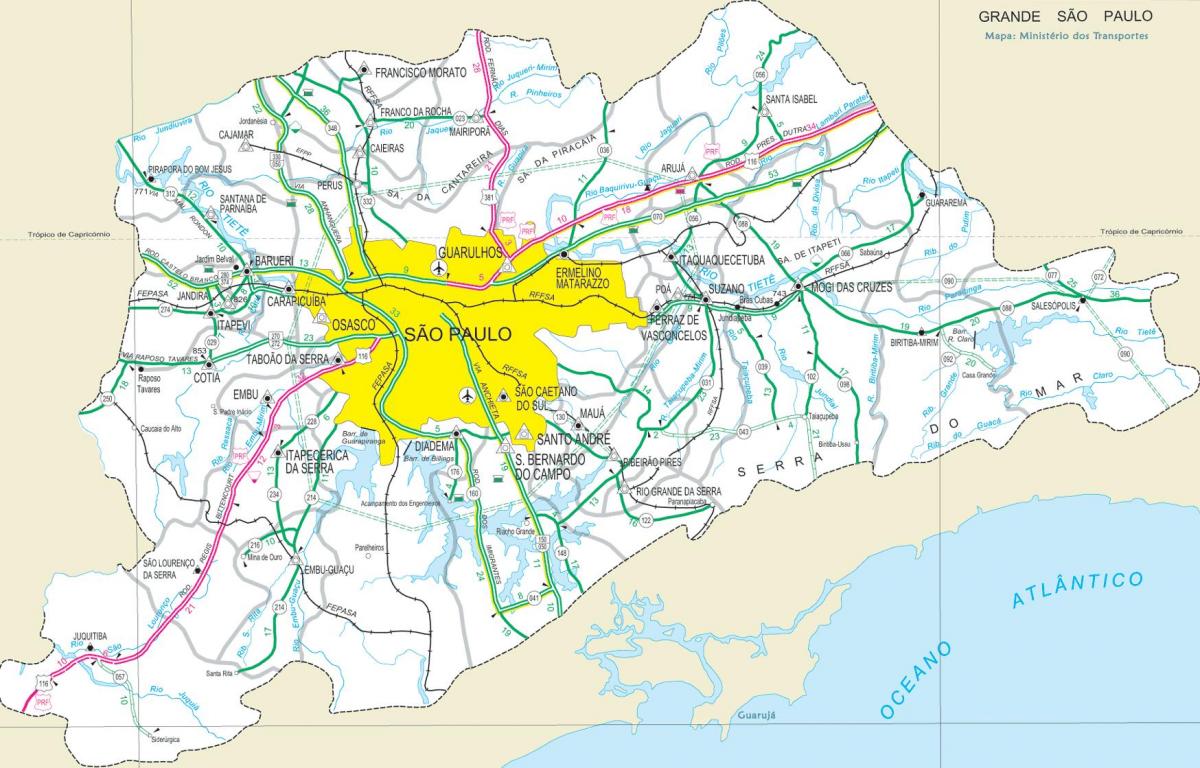 Kaart van snelwegen rand van São Paulo